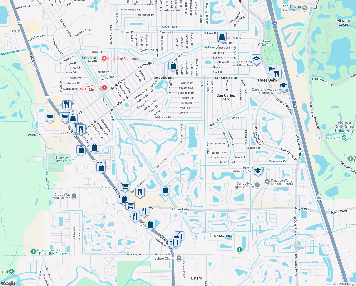 map of restaurants, bars, coffee shops, grocery stores, and more near 19599 Vintage Trace Circle in Fort Myers