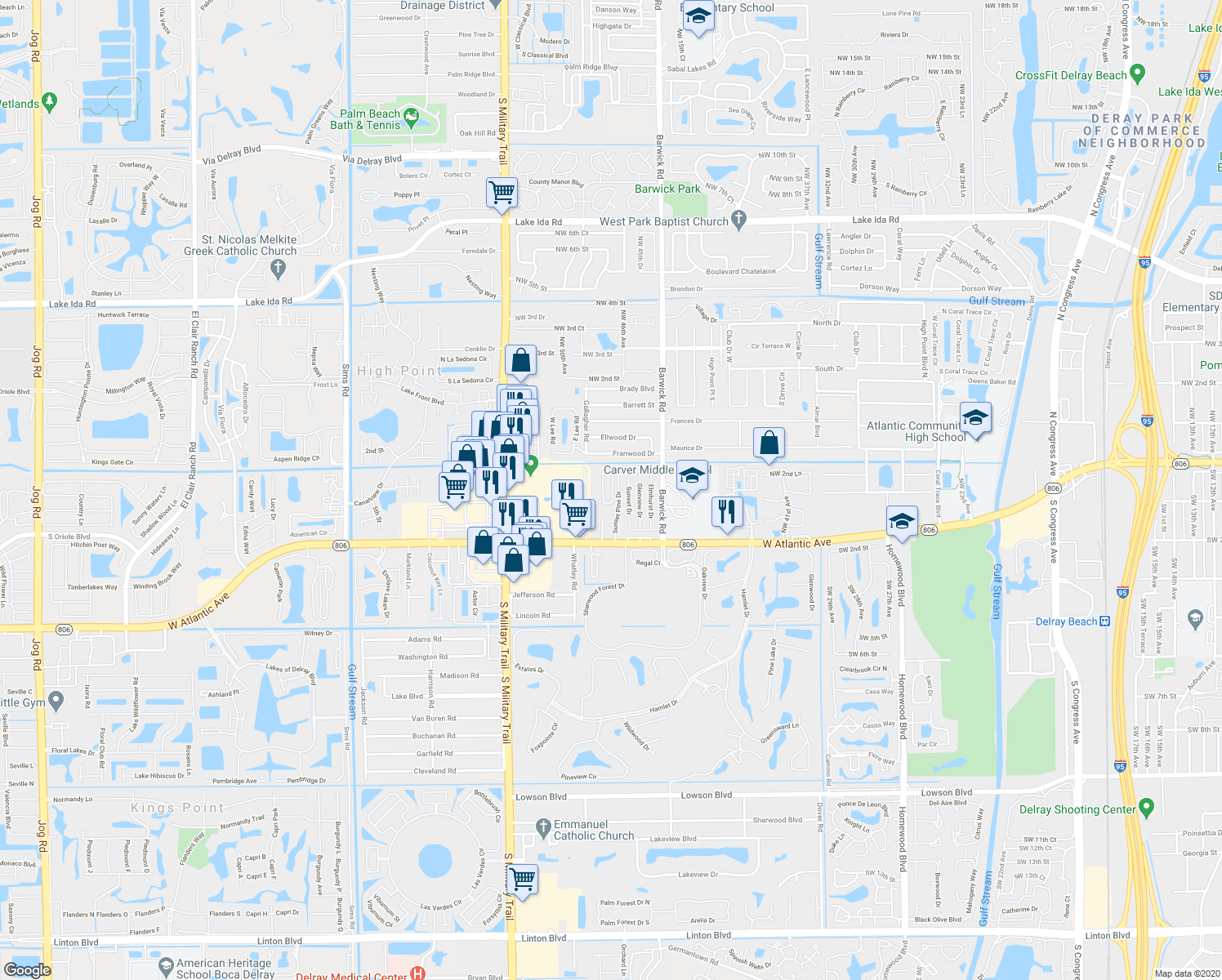 map of restaurants, bars, coffee shops, grocery stores, and more near 14539 Wood Pine Drive in Delray Beach