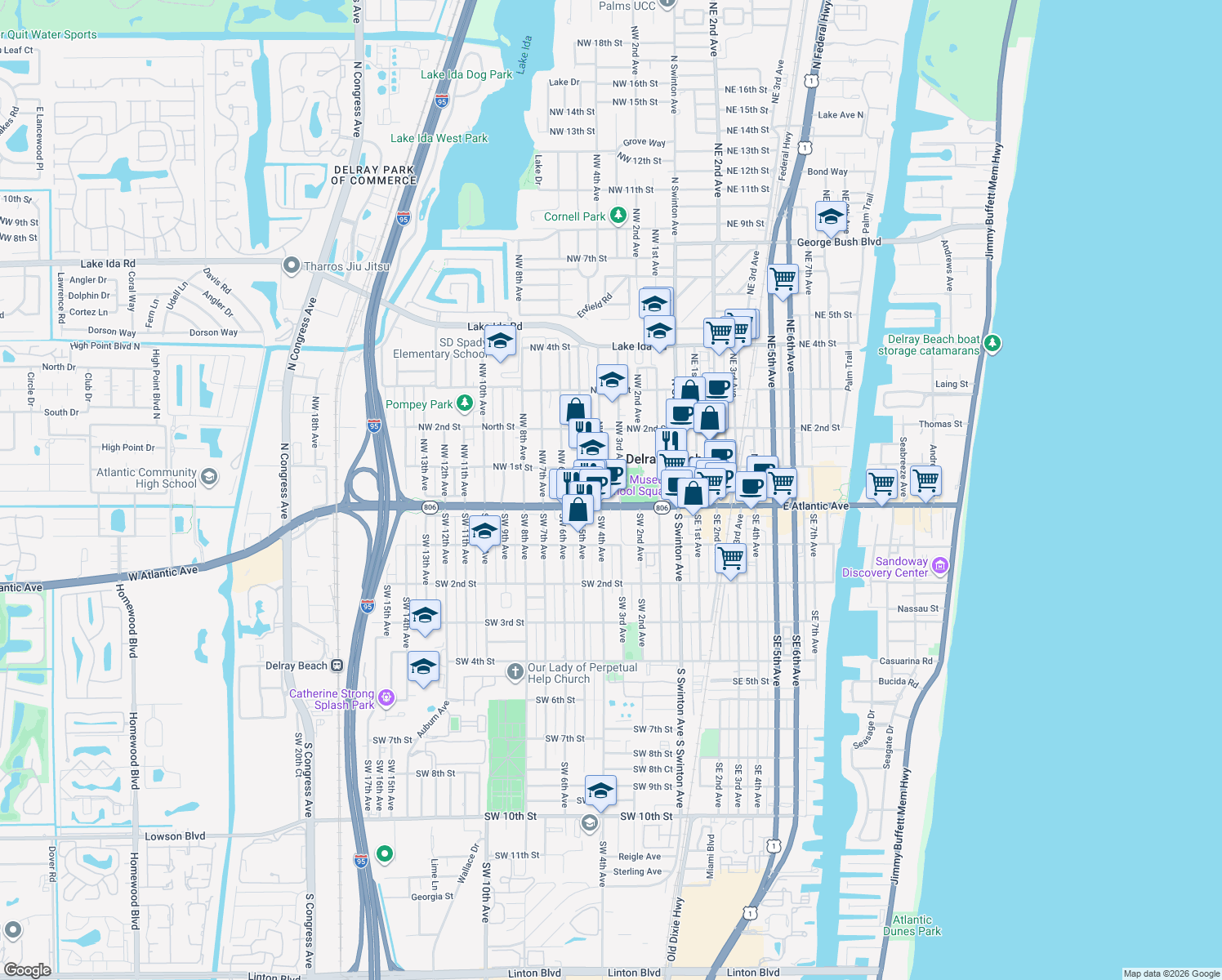 map of restaurants, bars, coffee shops, grocery stores, and more near 325 Atlantic Grove Way in Delray Beach