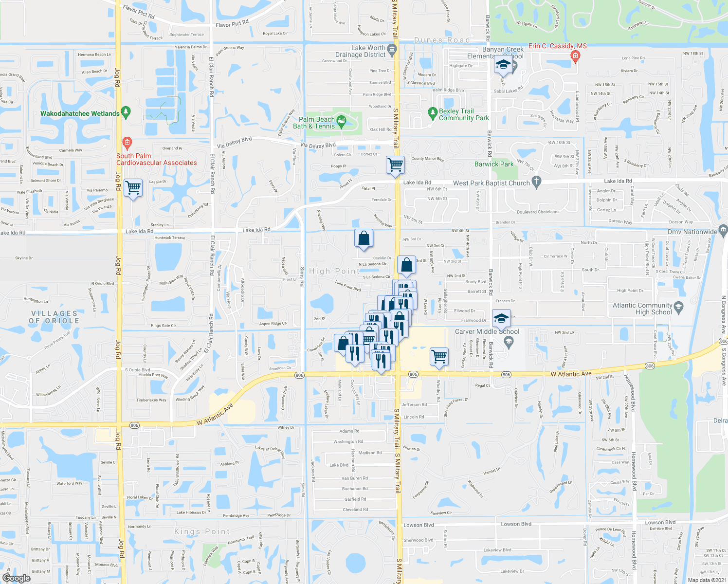 map of restaurants, bars, coffee shops, grocery stores, and more near 5301 Lakefront Boulevard in Delray Beach