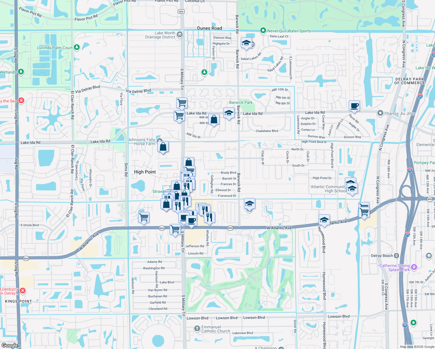 map of restaurants, bars, coffee shops, grocery stores, and more near 4694 Brady Boulevard in Delray Beach