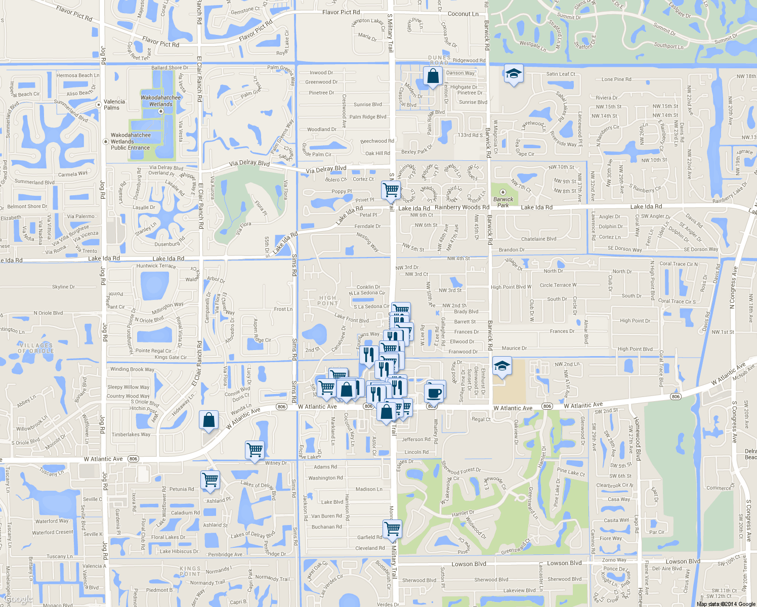map of restaurants, bars, coffee shops, grocery stores, and more near 5033 South La Sedona Circle in Delray Beach