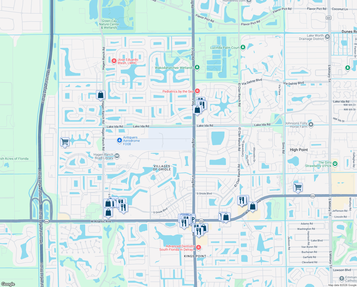 map of restaurants, bars, coffee shops, grocery stores, and more near 6664 Skyline Drive in Delray Beach
