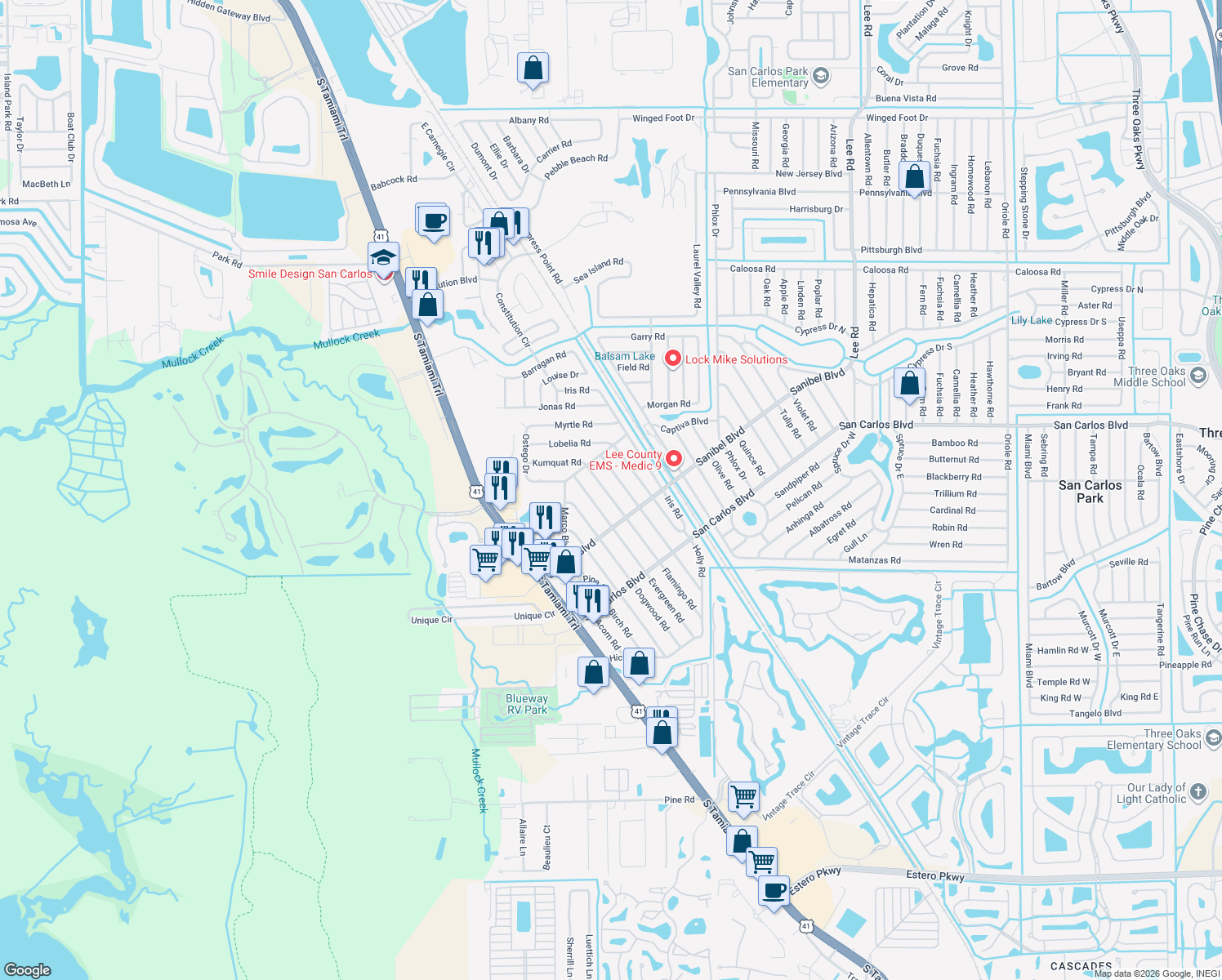 map of restaurants, bars, coffee shops, grocery stores, and more near 18477 Flamingo Road in Fort Myers