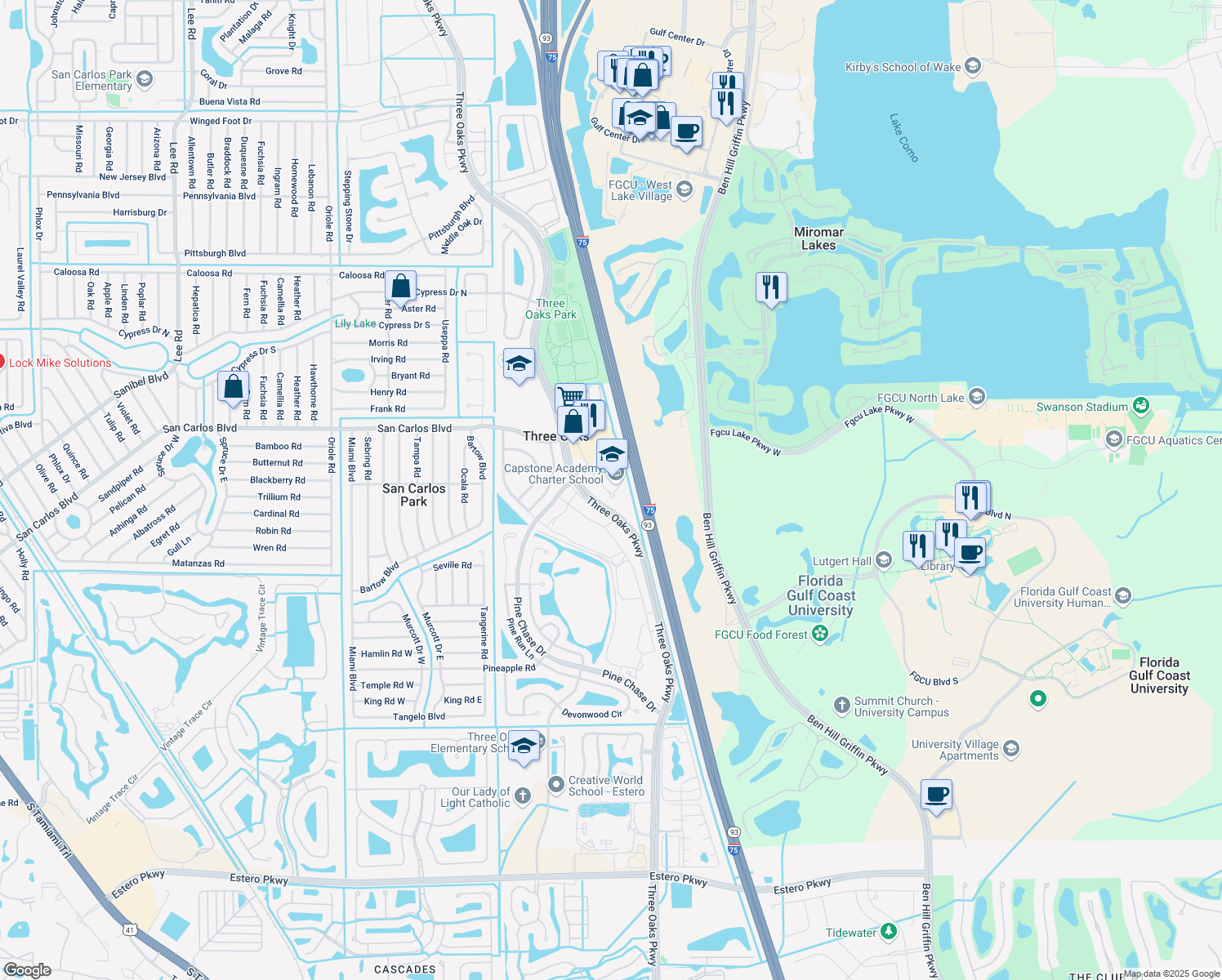 map of restaurants, bars, coffee shops, grocery stores, and more near 18851 3 Oaks Parkway in Fort Myers