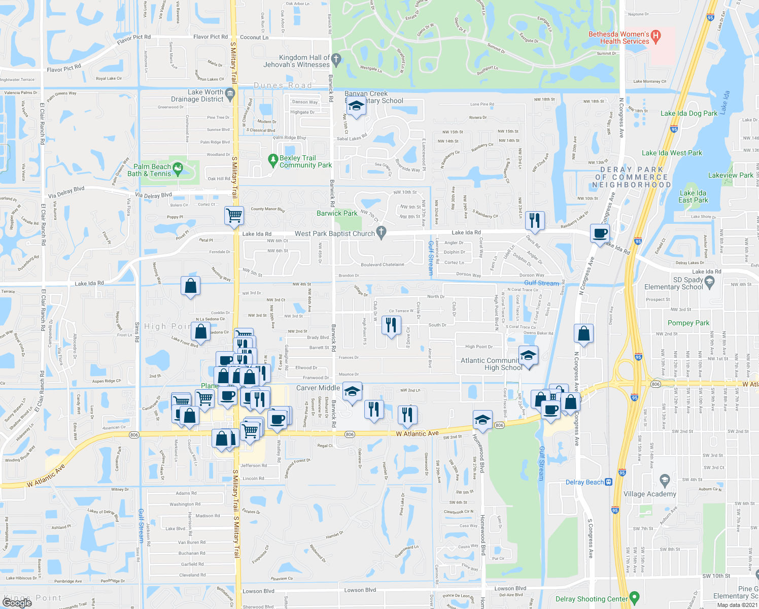 map of restaurants, bars, coffee shops, grocery stores, and more near 1097 Circle Terrace West in Delray Beach
