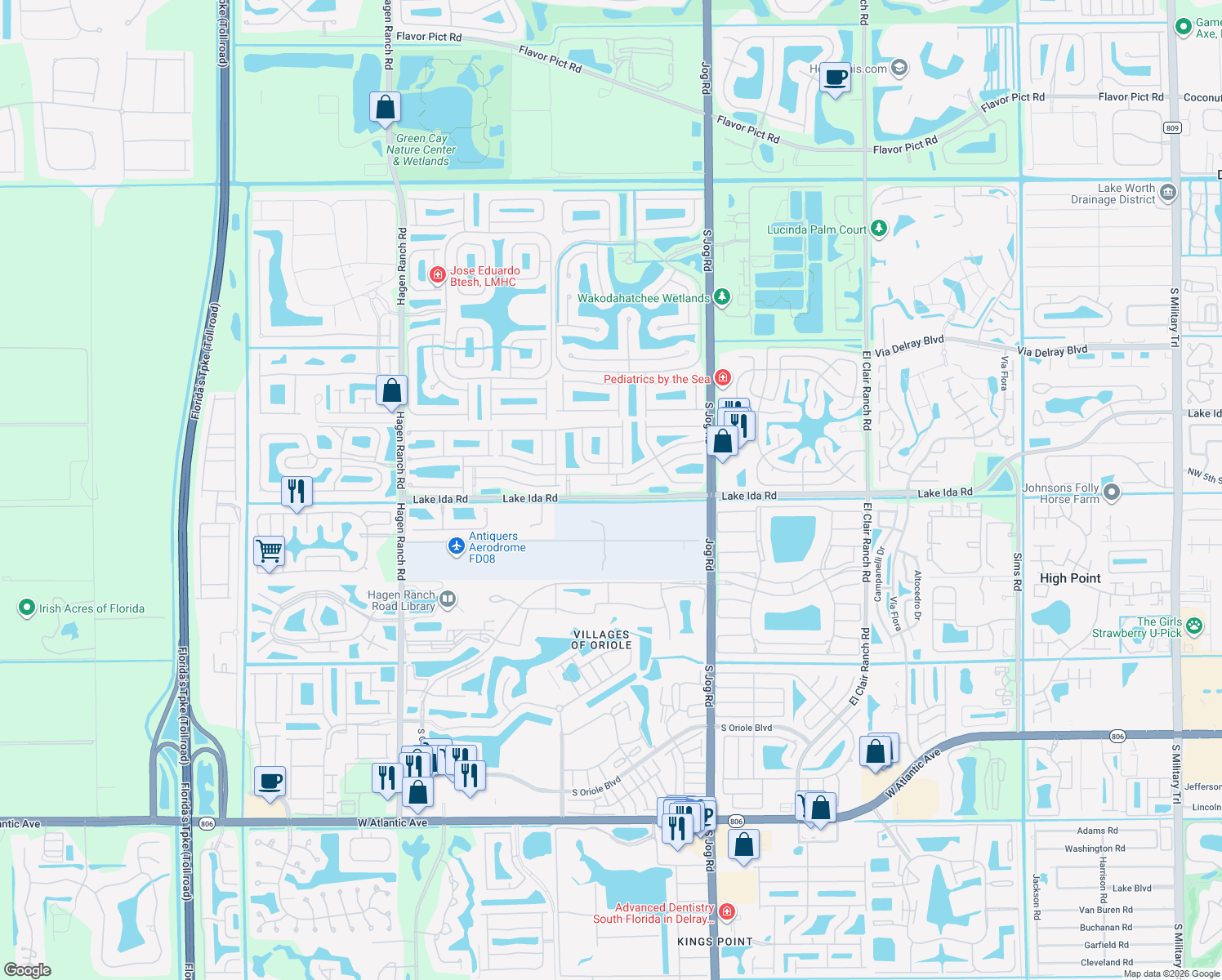 map of restaurants, bars, coffee shops, grocery stores, and more near 6728 Vía Roma in Delray Beach
