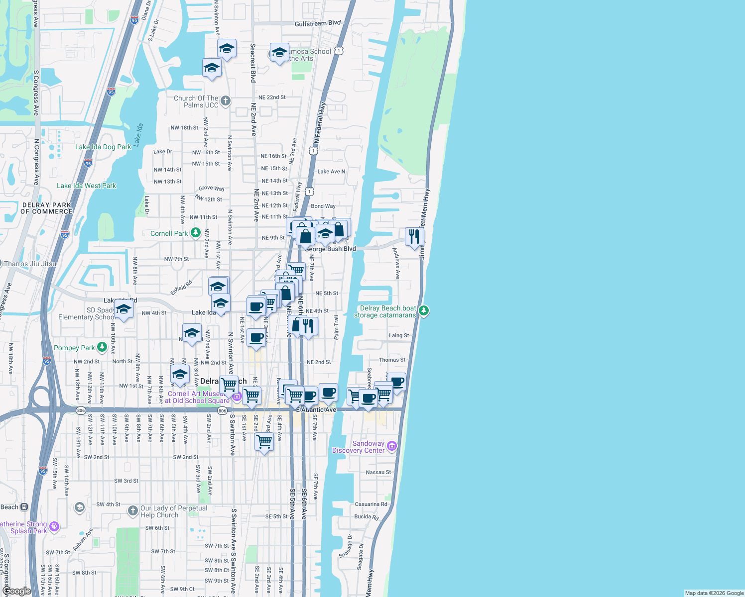 map of restaurants, bars, coffee shops, grocery stores, and more near 1102 Island Drive in Delray Beach