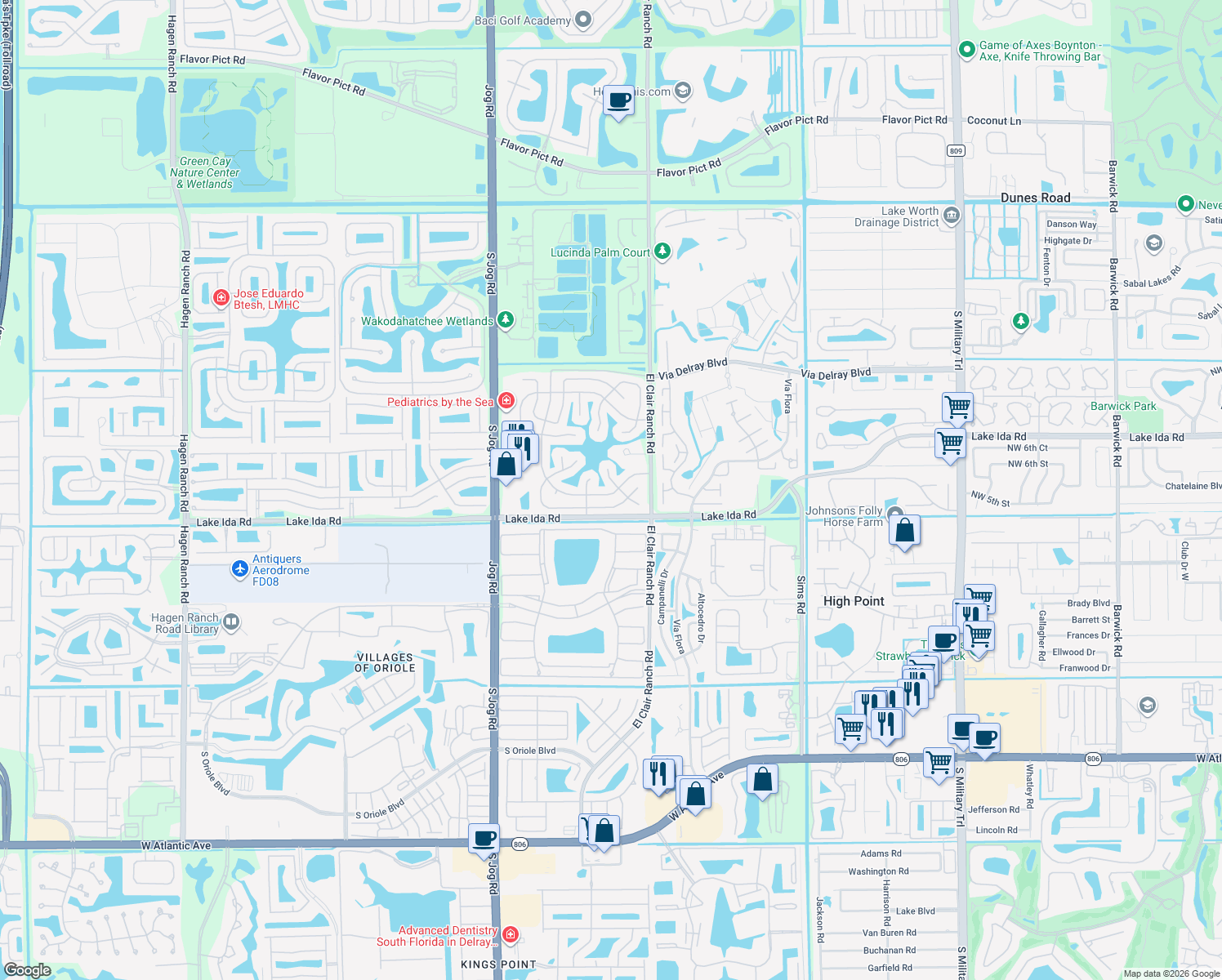 map of restaurants, bars, coffee shops, grocery stores, and more near 6091 Dusenburg Road in Delray Beach