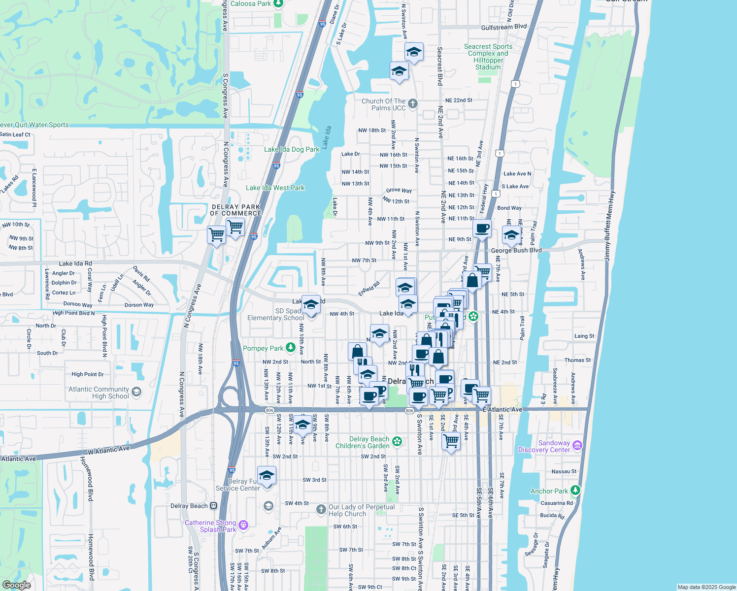 map of restaurants, bars, coffee shops, grocery stores, and more near 407 Enfield Terrace in Delray Beach