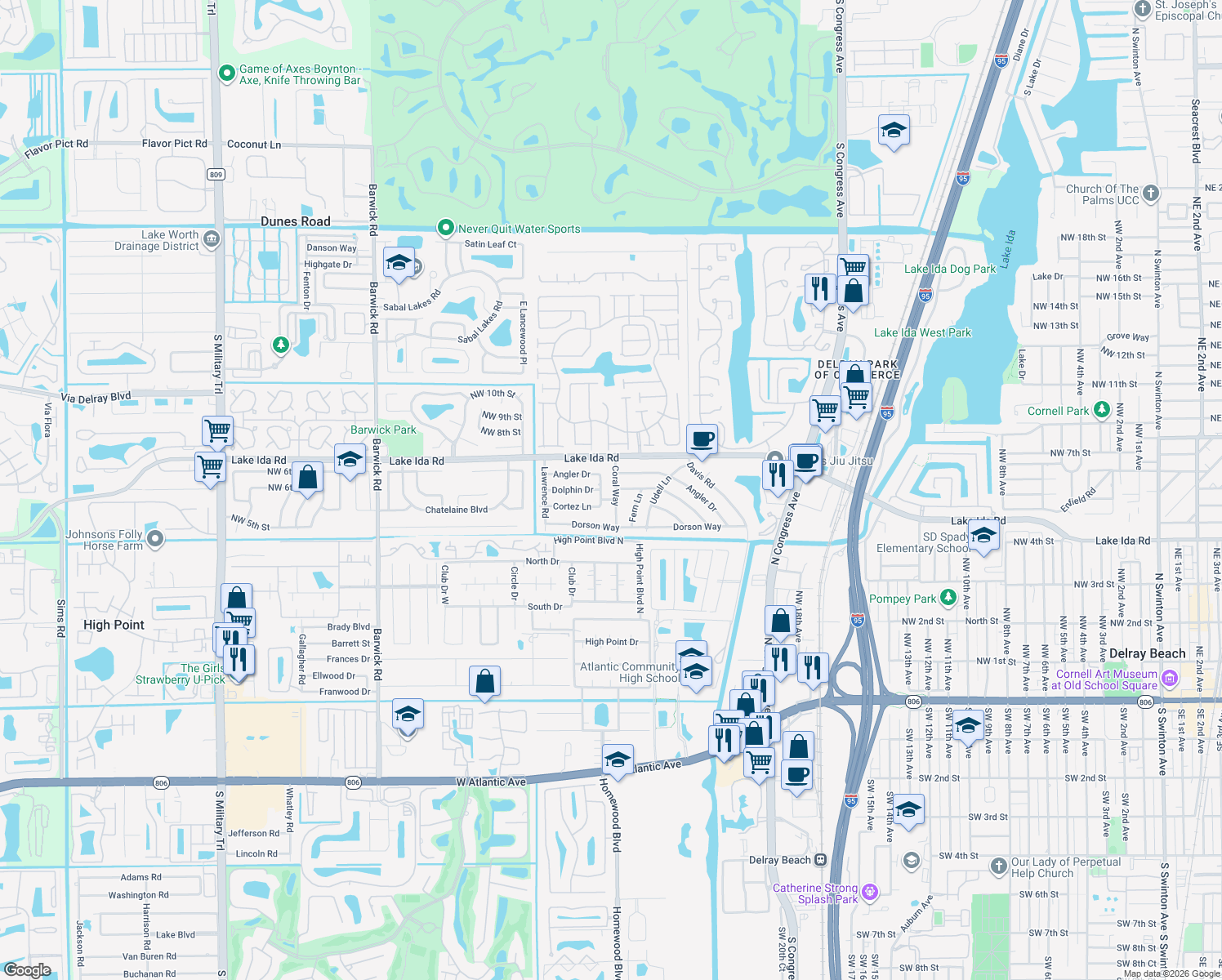 map of restaurants, bars, coffee shops, grocery stores, and more near 598 Coral Way in Delray Beach