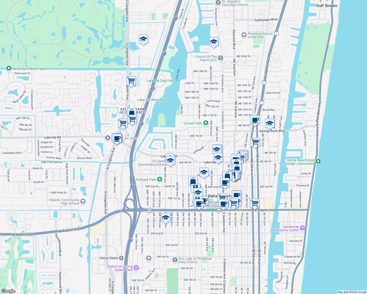map of restaurants, bars, coffee shops, grocery stores, and more near 625 Sunshine Drive in Delray Beach