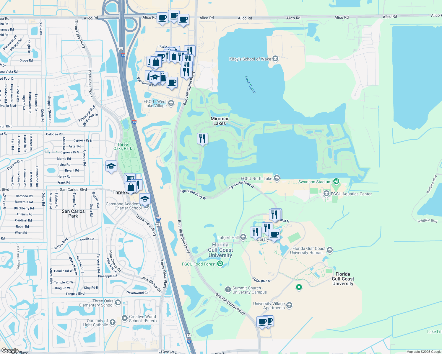 map of restaurants, bars, coffee shops, grocery stores, and more near 18311 Vicenza Way in Miromar Lakes