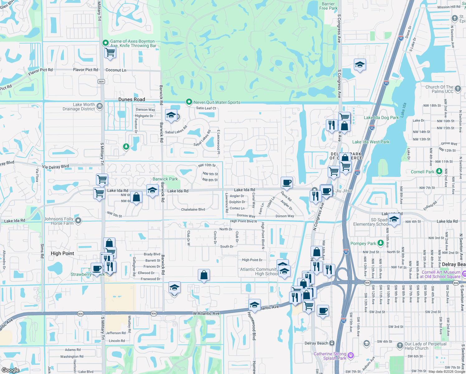 map of restaurants, bars, coffee shops, grocery stores, and more near 3080 Northwest 6th Street in Delray Beach