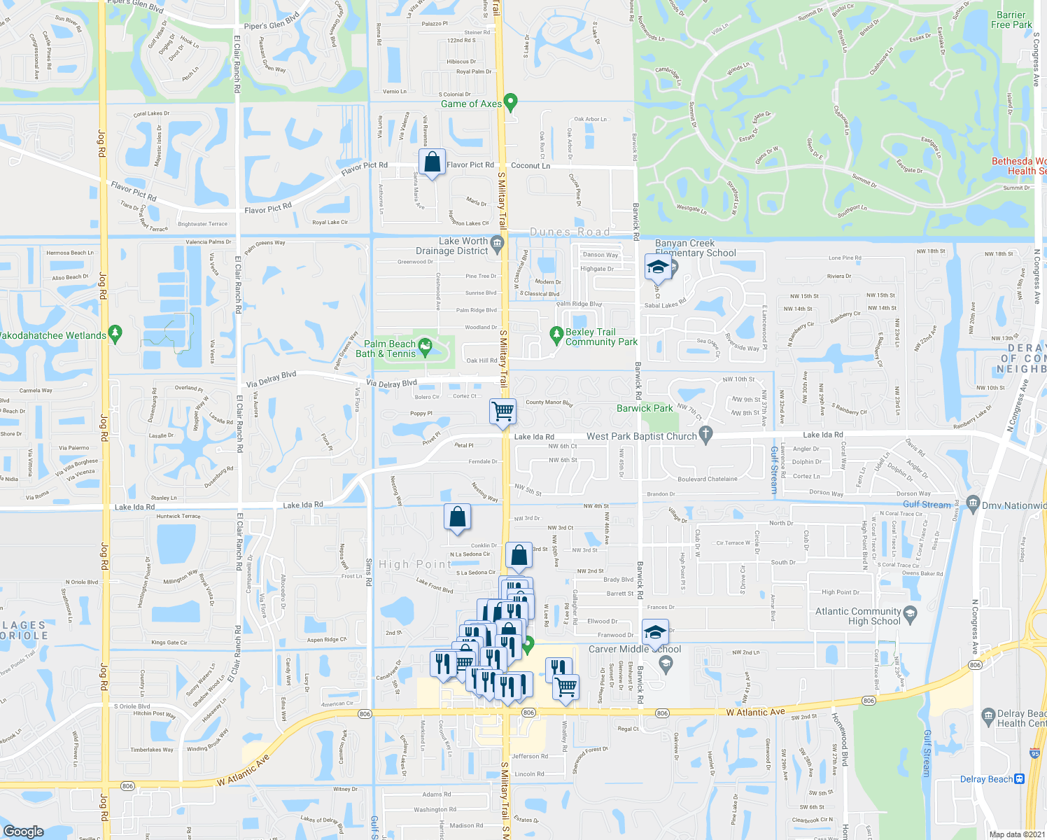 map of restaurants, bars, coffee shops, grocery stores, and more near 604 Hummingbird Lane in Delray Beach