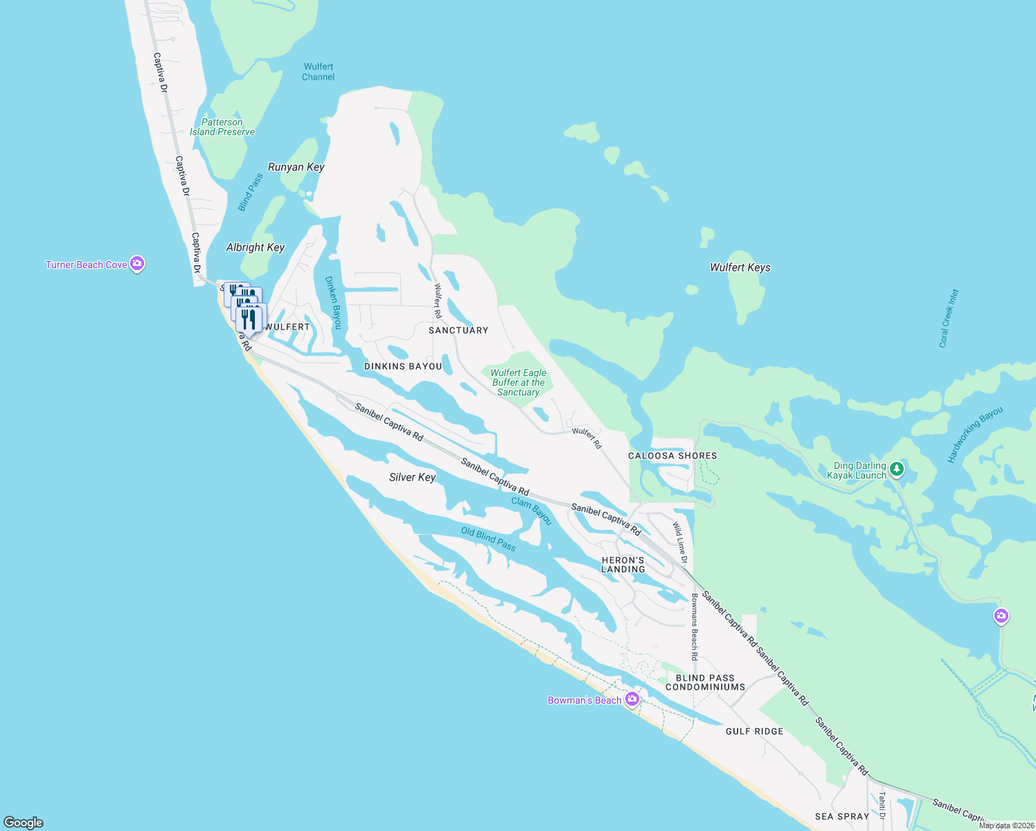 map of restaurants, bars, coffee shops, grocery stores, and more near 2307 Wulfert Road in Sanibel