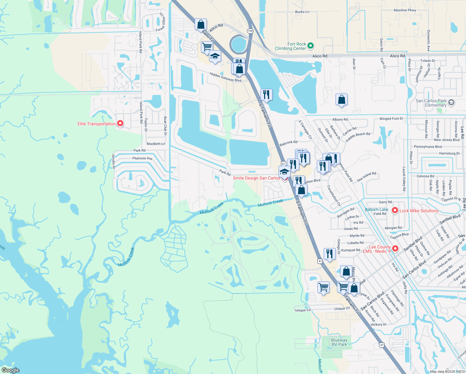 map of restaurants, bars, coffee shops, grocery stores, and more near 5461 Park Road in Fort Myers
