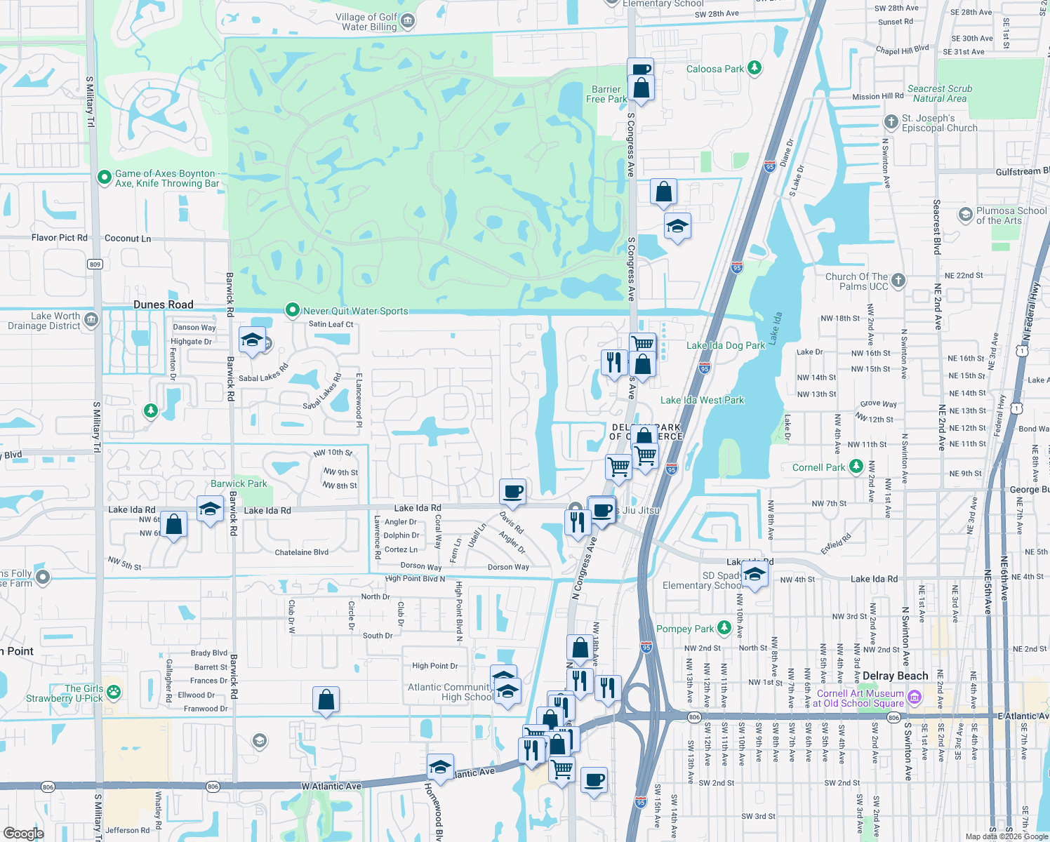 map of restaurants, bars, coffee shops, grocery stores, and more near 1290 Northwest 21st Terrace in Delray Beach