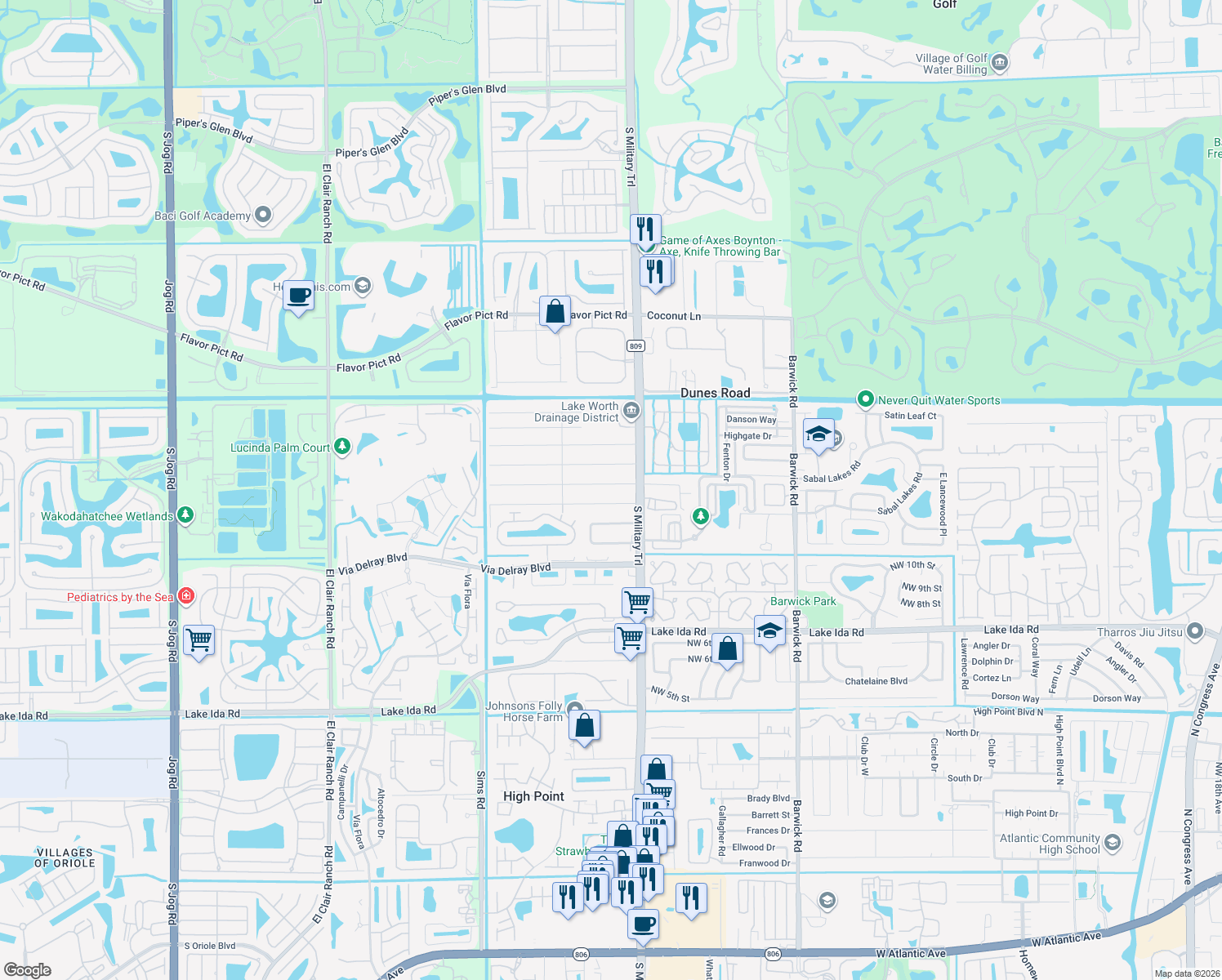 map of restaurants, bars, coffee shops, grocery stores, and more near 5094 Palm Ridge Boulevard in Delray Beach