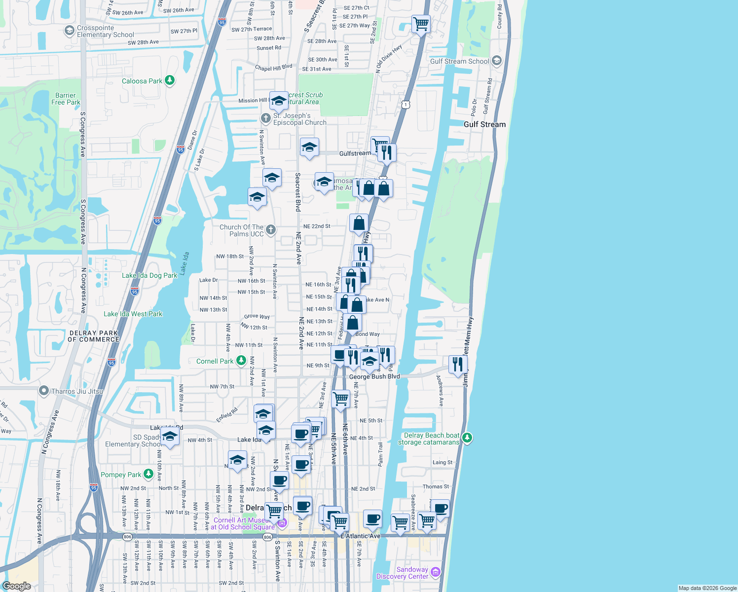 map of restaurants, bars, coffee shops, grocery stores, and more near 721 Lake Avenue North in Delray Beach