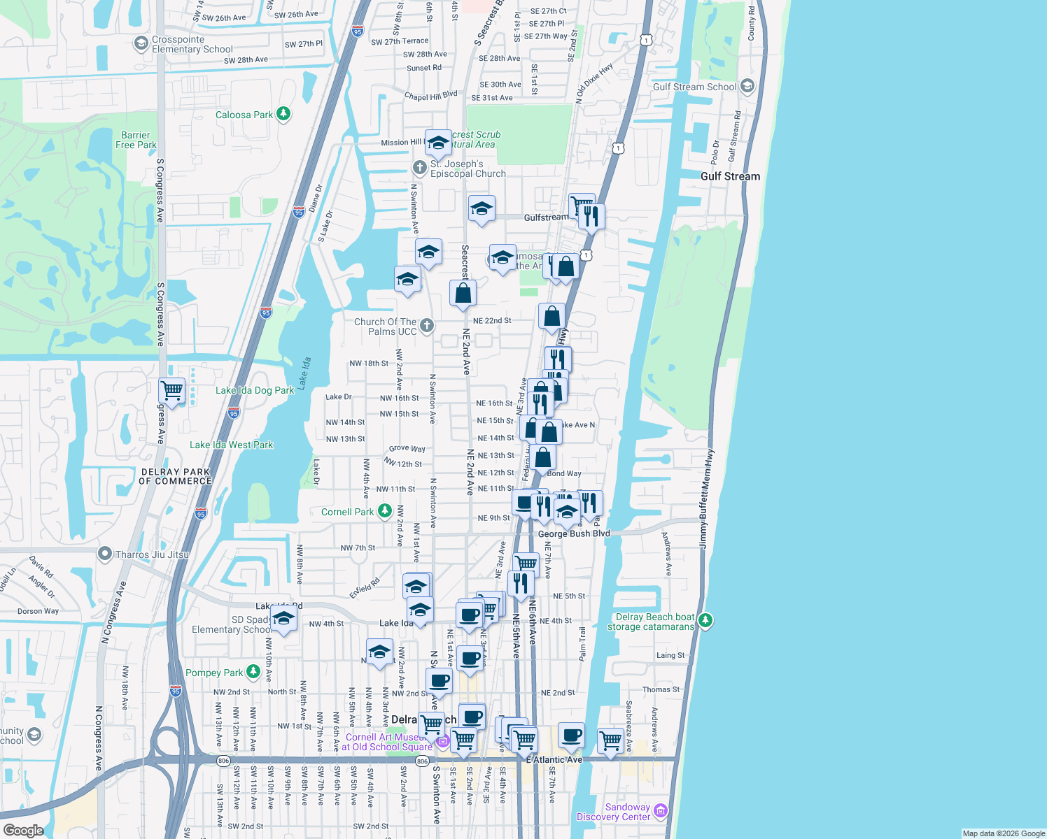 map of restaurants, bars, coffee shops, grocery stores, and more near 1501 Northeast 3rd Avenue in Delray Beach