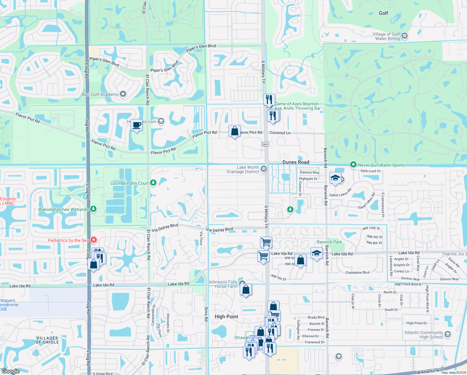 map of restaurants, bars, coffee shops, grocery stores, and more near 5285 Sunrise Boulevard in Delray Beach