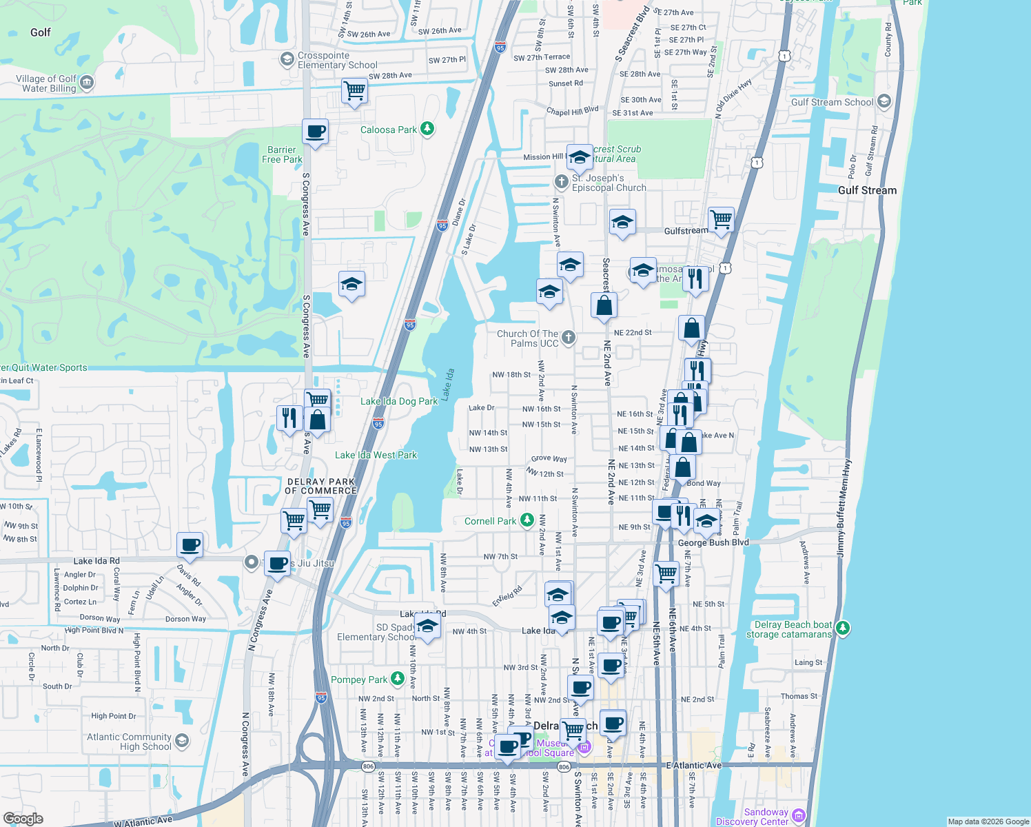 map of restaurants, bars, coffee shops, grocery stores, and more near 322 Northwest 16th Street in Delray Beach