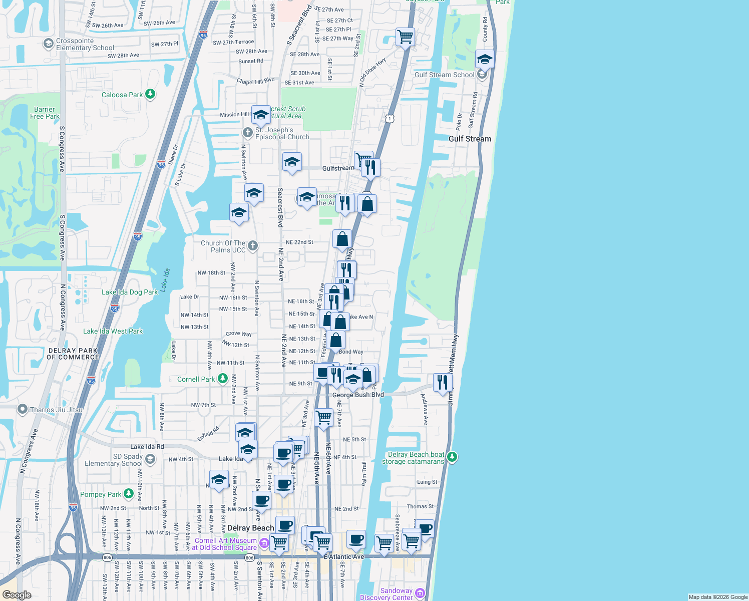 map of restaurants, bars, coffee shops, grocery stores, and more near 1527 Estuary Trail in Delray Beach
