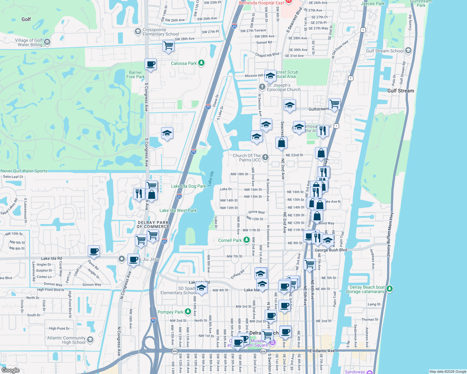 map of restaurants, bars, coffee shops, grocery stores, and more near 417 Lake Drive in Delray Beach