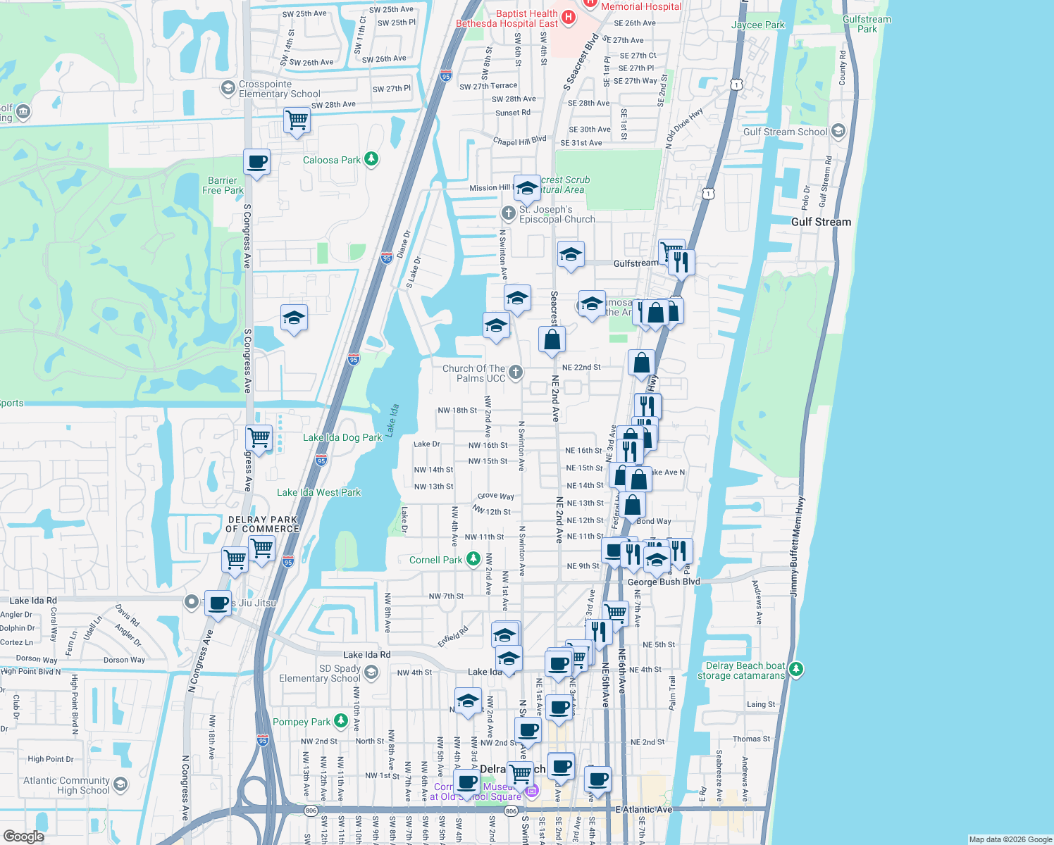 map of restaurants, bars, coffee shops, grocery stores, and more near 1701 North Swinton Avenue in Delray Beach