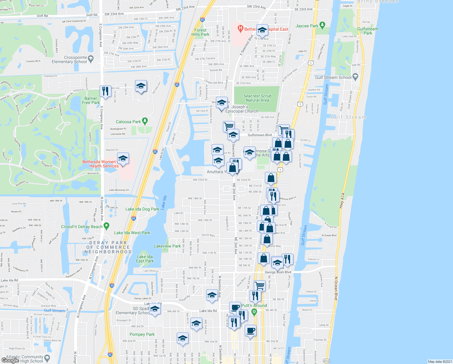 map of restaurants, bars, coffee shops, grocery stores, and more near 102 Northeast 22nd Street in Delray Beach