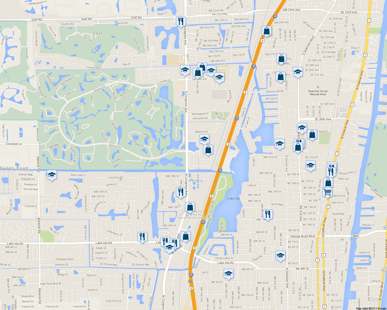 map of restaurants, bars, coffee shops, grocery stores, and more near 161 Monterey Bay Drive in Boynton Beach