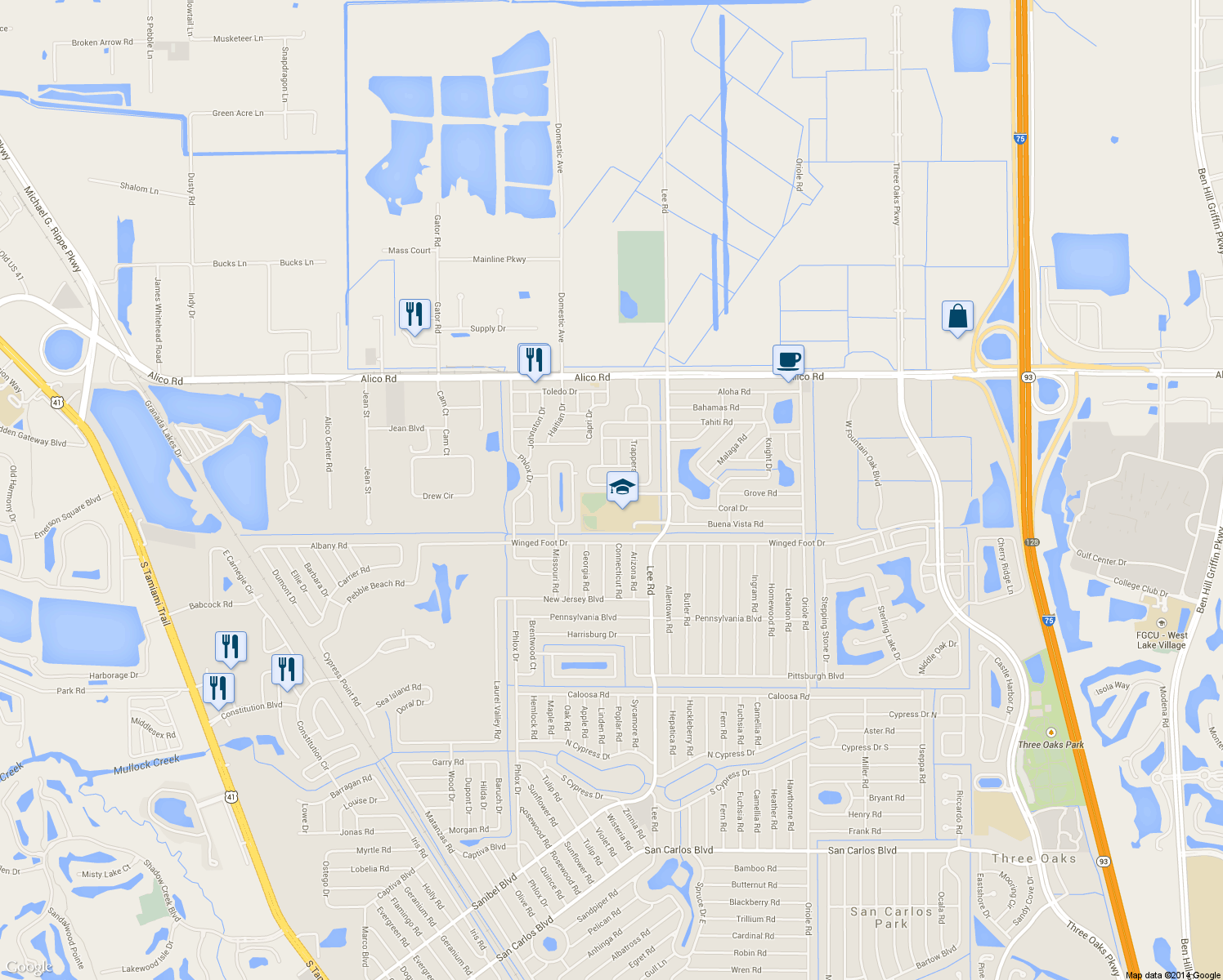 map of restaurants, bars, coffee shops, grocery stores, and more near 17360 Caloosa Trace Circle in Fort Myers