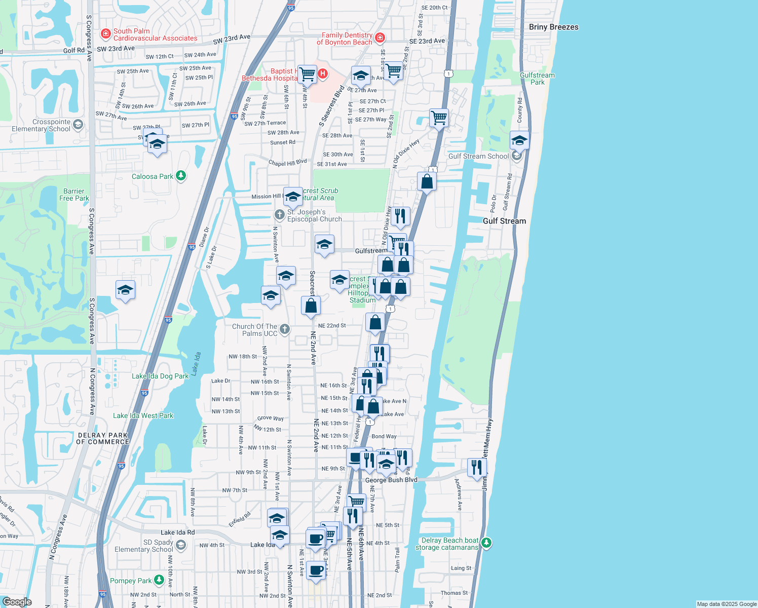 map of restaurants, bars, coffee shops, grocery stores, and more near 2455 Old Dixie Highway in Delray Beach