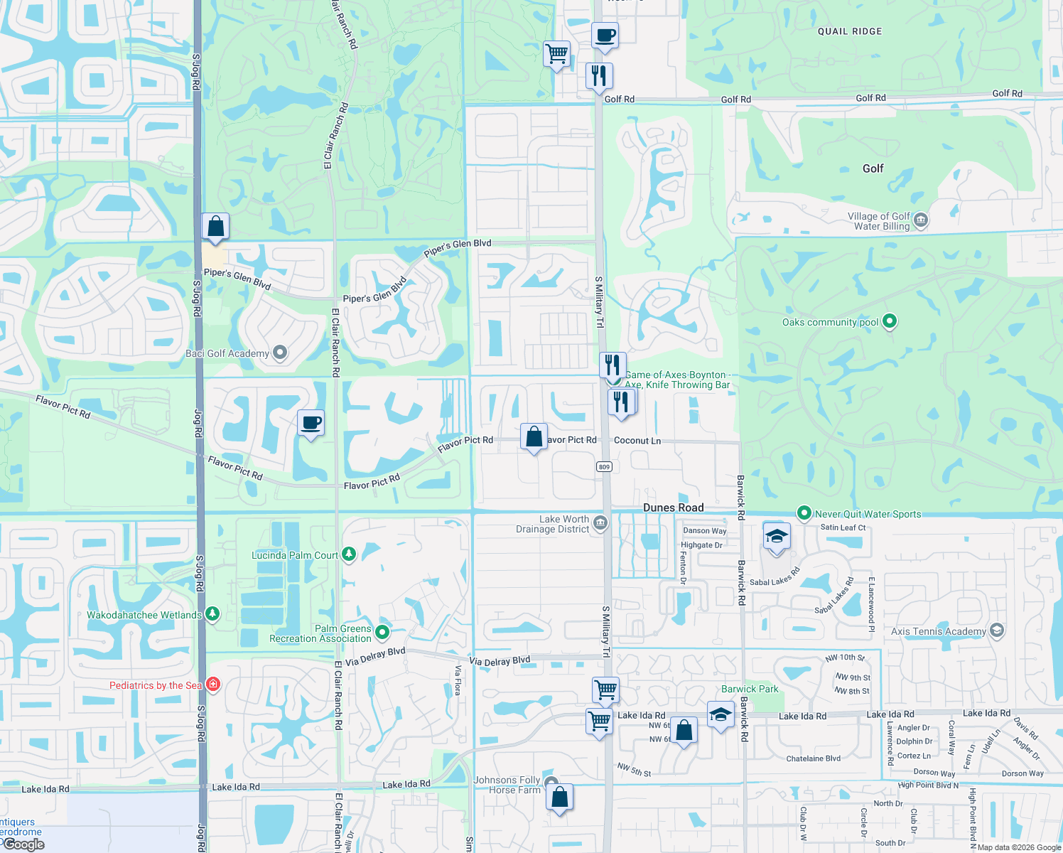 map of restaurants, bars, coffee shops, grocery stores, and more near 12666 Via Ravenna in Boynton Beach