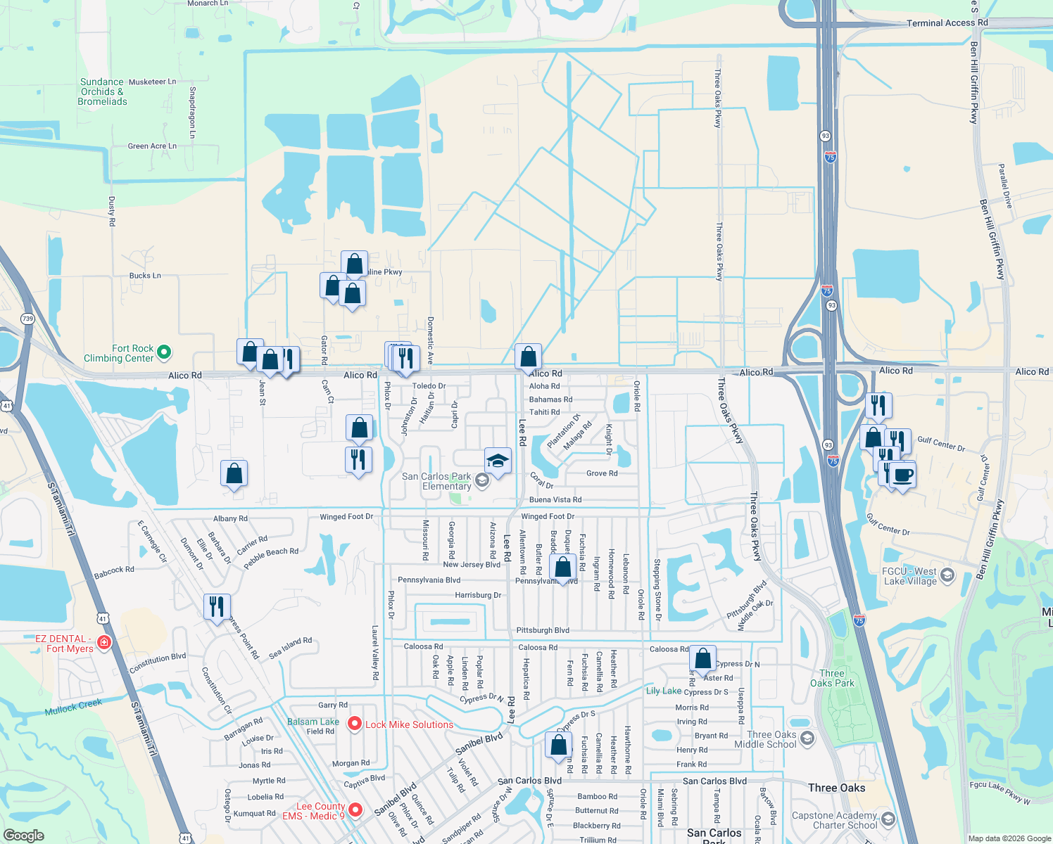 map of restaurants, bars, coffee shops, grocery stores, and more near 8285 Bounty Road in Fort Myers