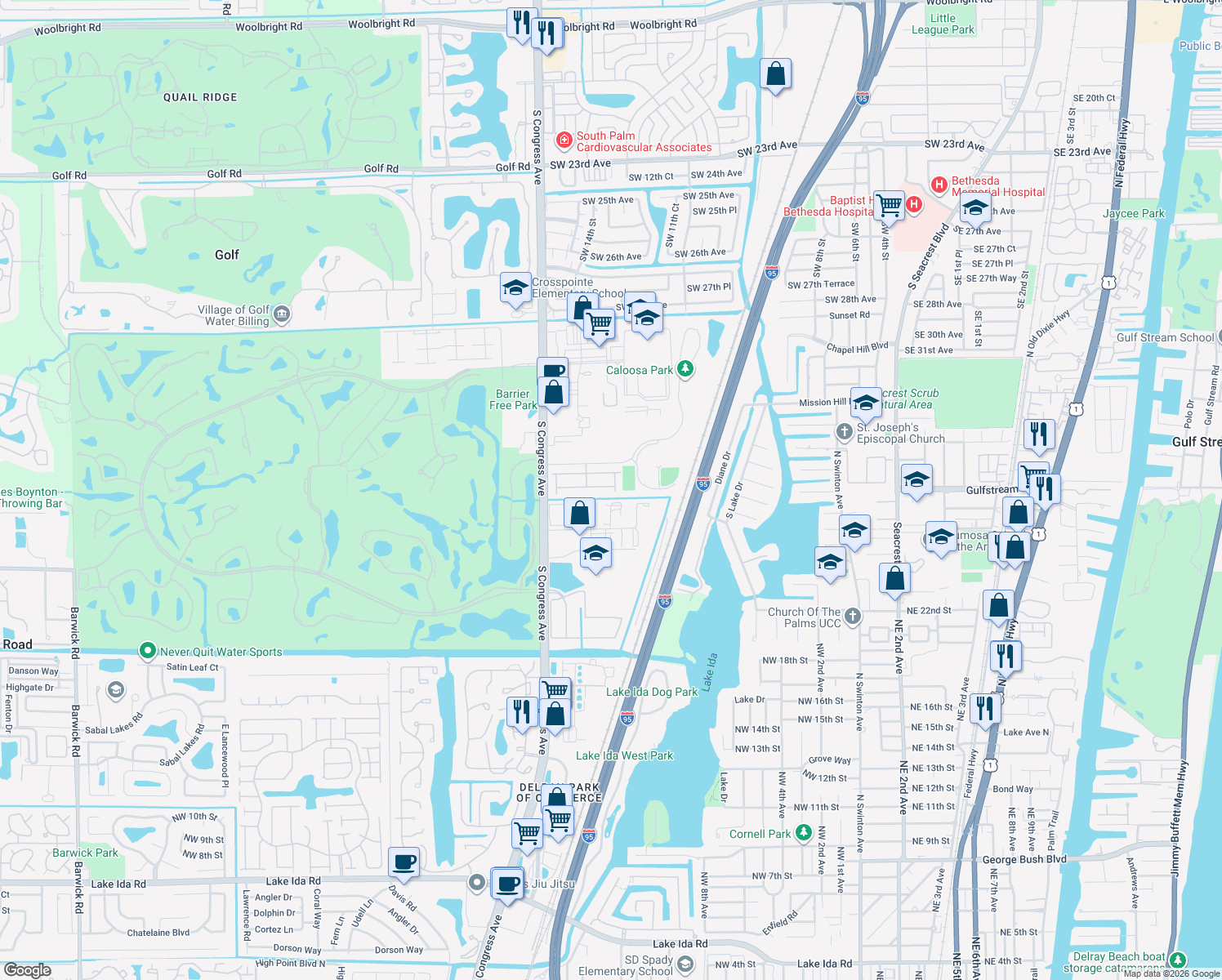 map of restaurants, bars, coffee shops, grocery stores, and more near 34 Lancaster Road in Boynton Beach