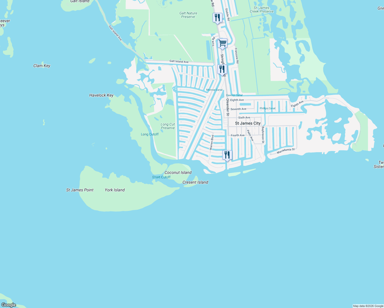 map of restaurants, bars, coffee shops, grocery stores, and more near 2238 Sanibel Boulevard in Saint James City