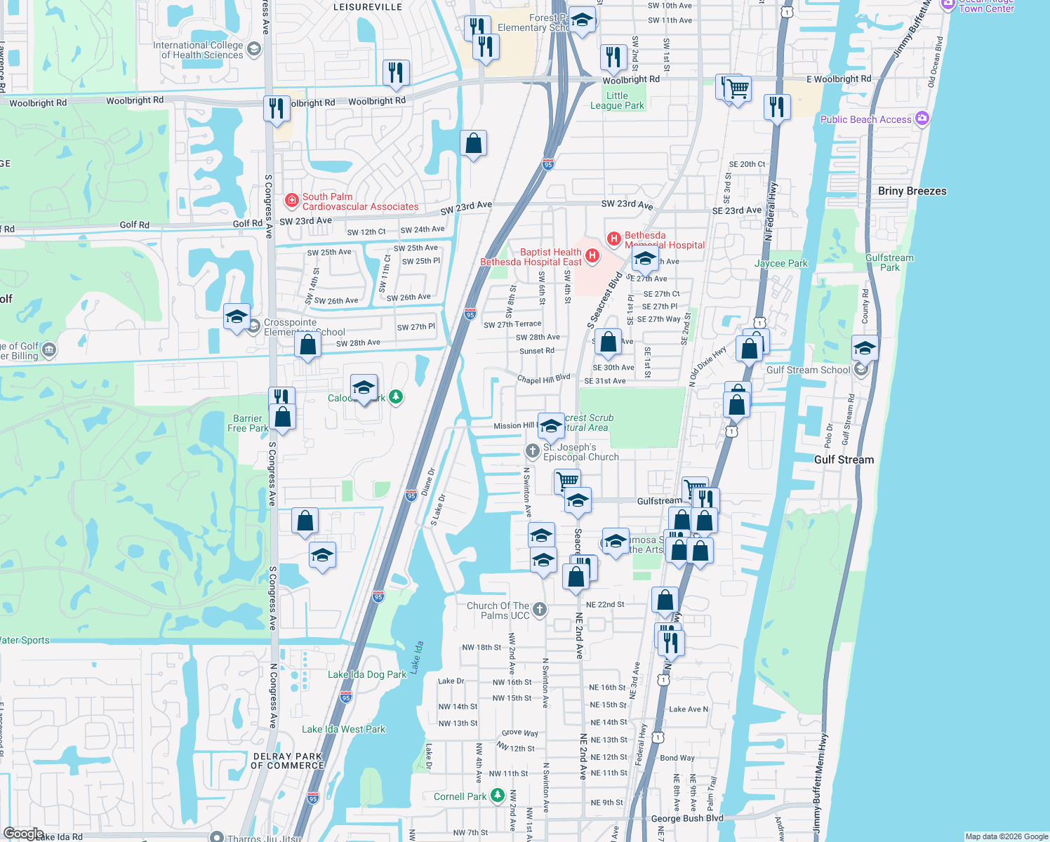 map of restaurants, bars, coffee shops, grocery stores, and more near 705 Mission Hill Rd in Boynton Beach