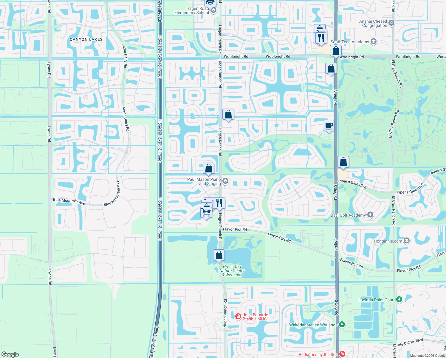 map of restaurants, bars, coffee shops, grocery stores, and more near 12055 Tevere Drive in Boynton Beach