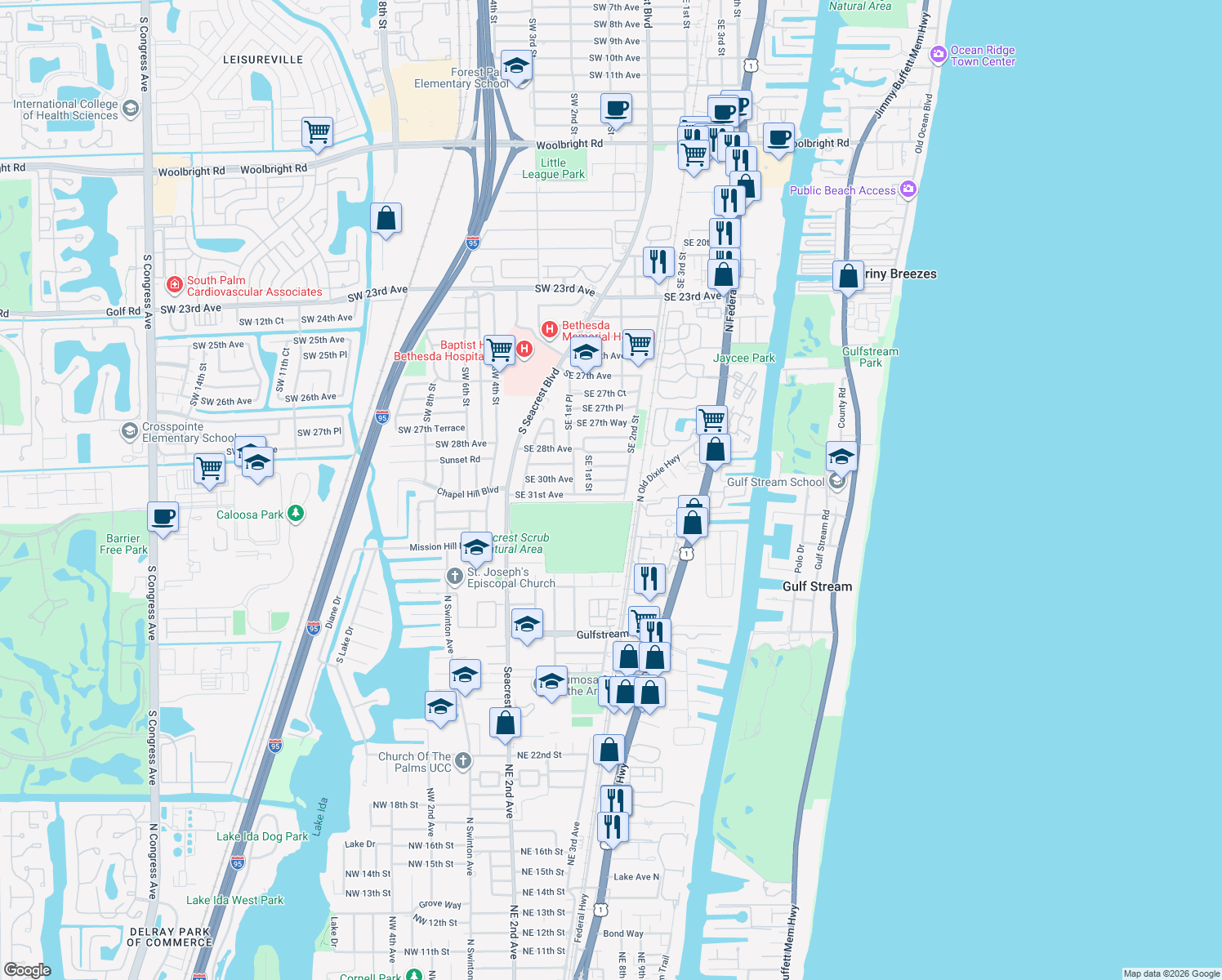 map of restaurants, bars, coffee shops, grocery stores, and more near 171 Southeast 31st Avenue in Boynton Beach