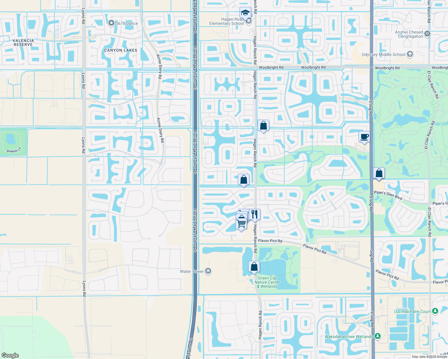 map of restaurants, bars, coffee shops, grocery stores, and more near 11944 Manzano Avenue in Boynton Beach