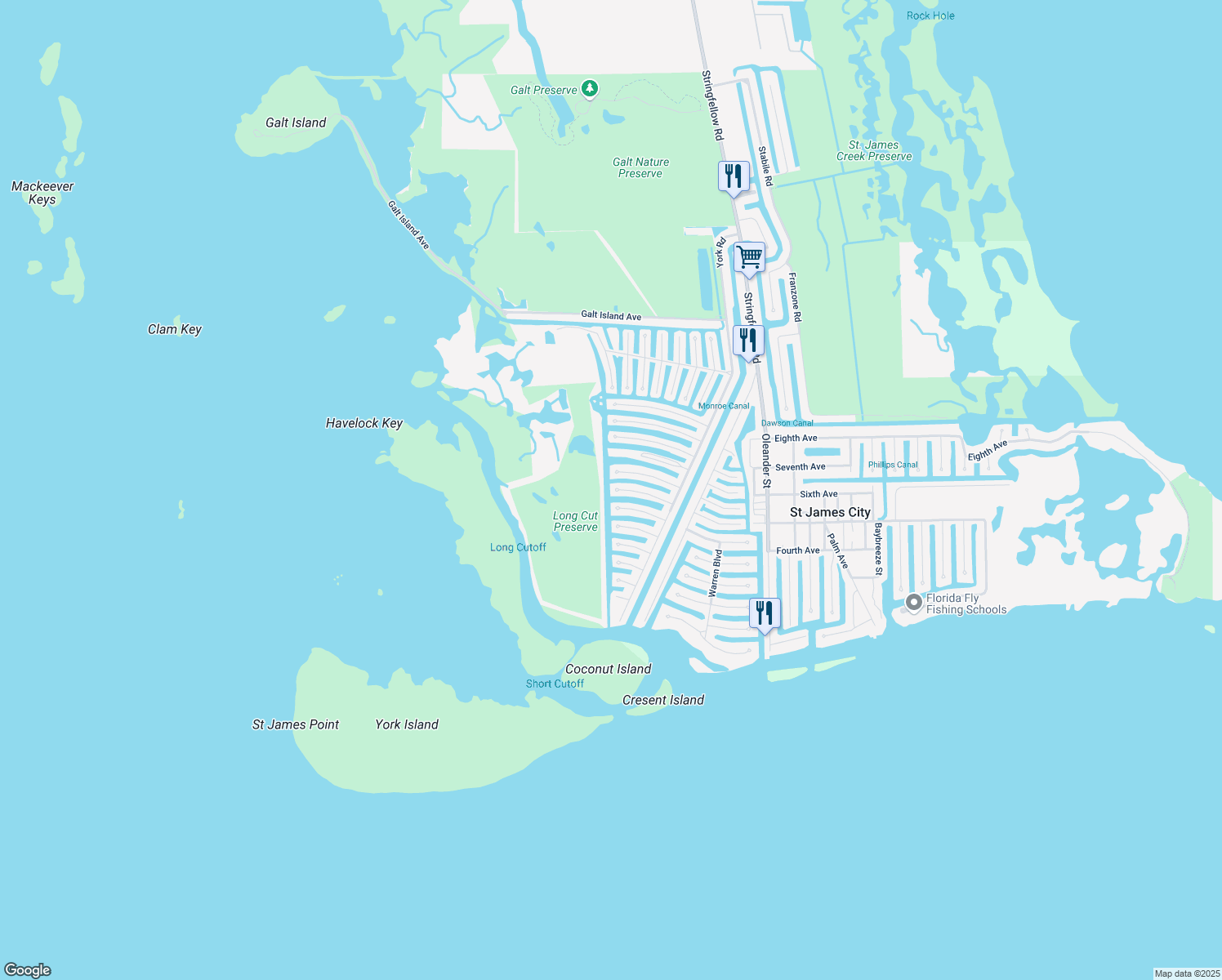 map of restaurants, bars, coffee shops, grocery stores, and more near 3977 Coconut Drive in Saint James City