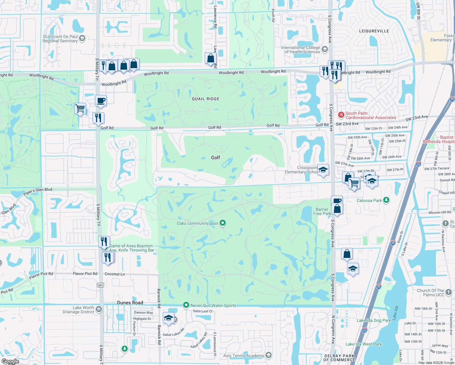 map of restaurants, bars, coffee shops, grocery stores, and more near 25 Country Road South in Boynton Beach