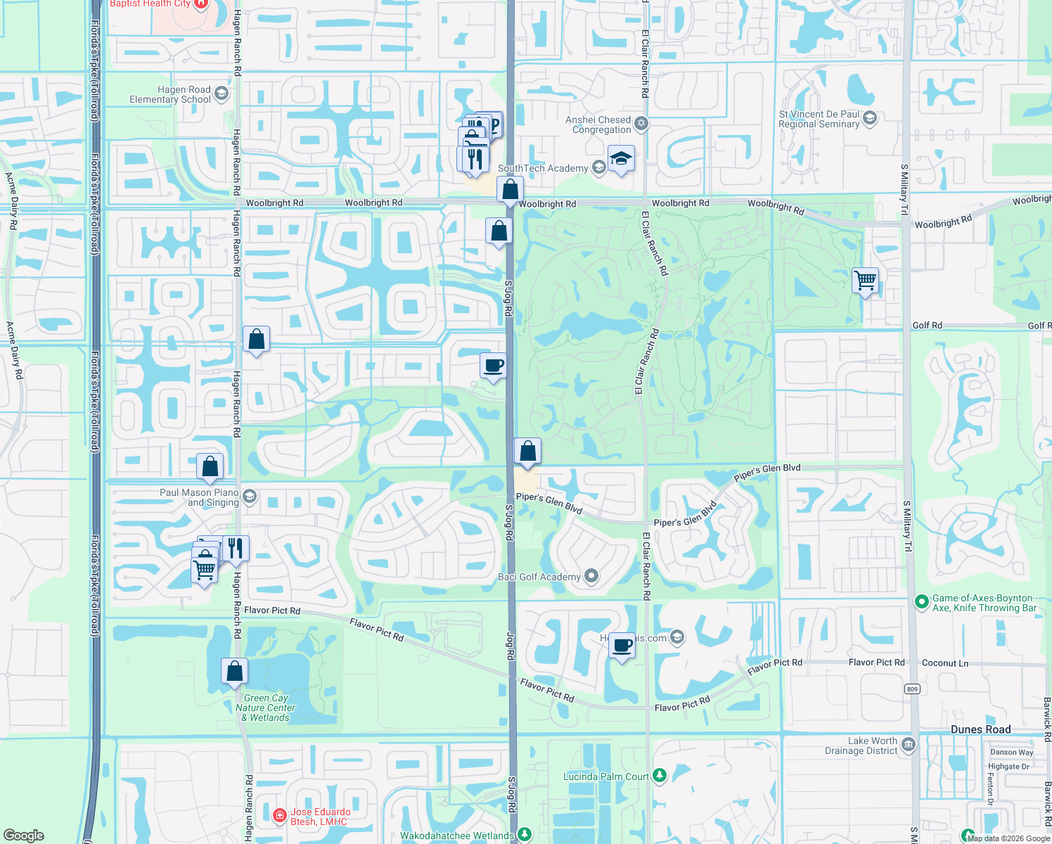 map of restaurants, bars, coffee shops, grocery stores, and more near 11893 Fountainside Circle in Boynton Beach