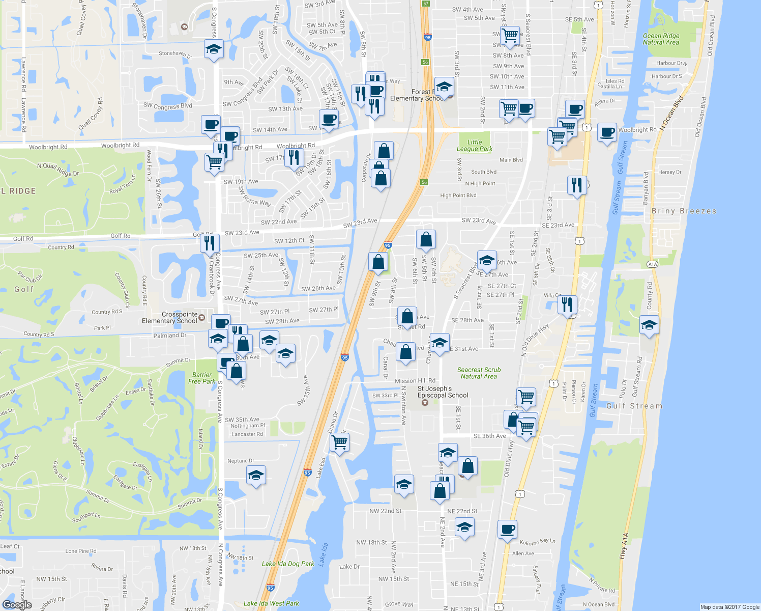 map of restaurants, bars, coffee shops, grocery stores, and more near 911 Southwest 27th Terrace in Boynton Beach
