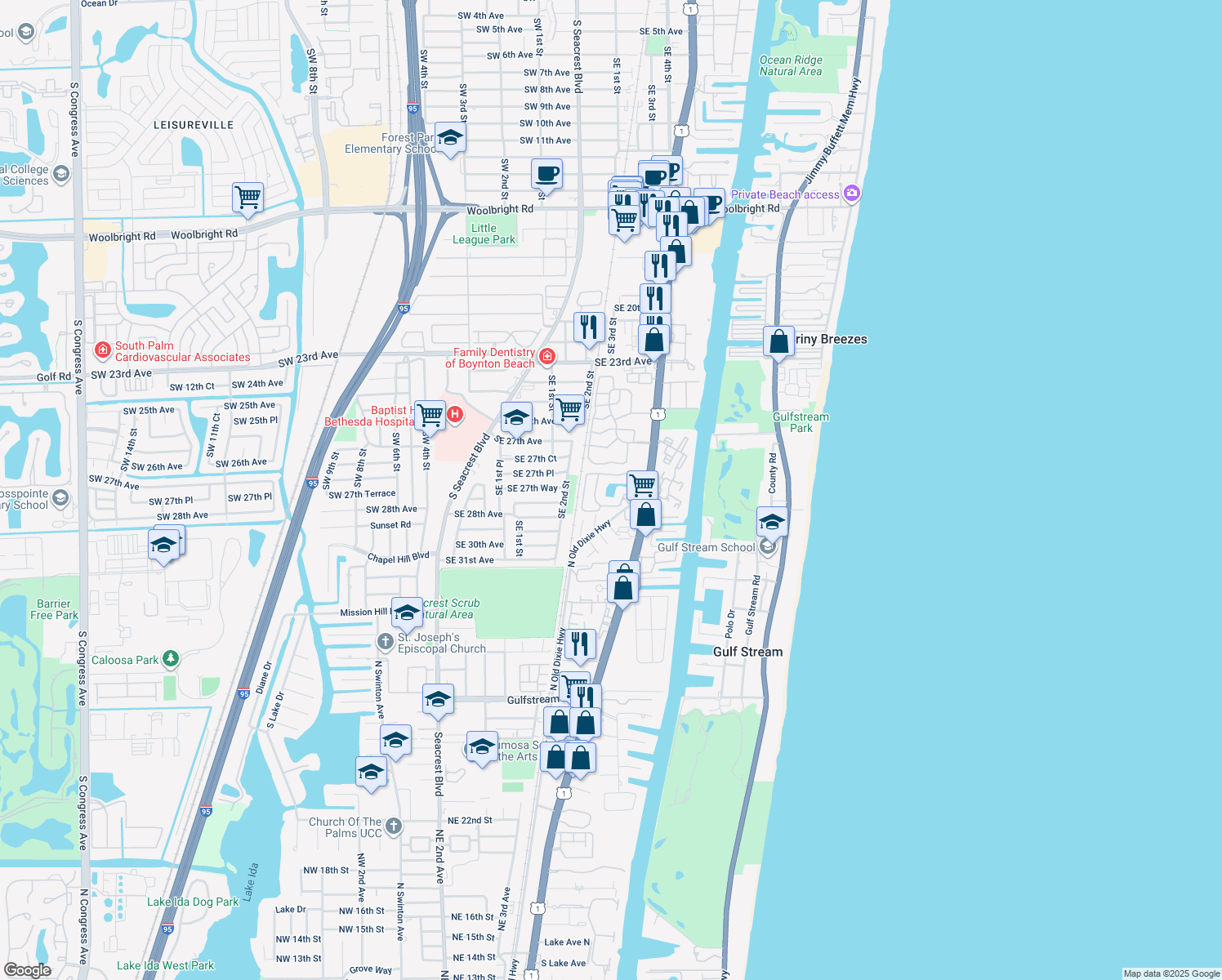 map of restaurants, bars, coffee shops, grocery stores, and more near 505 Villa Circle in Boynton Beach