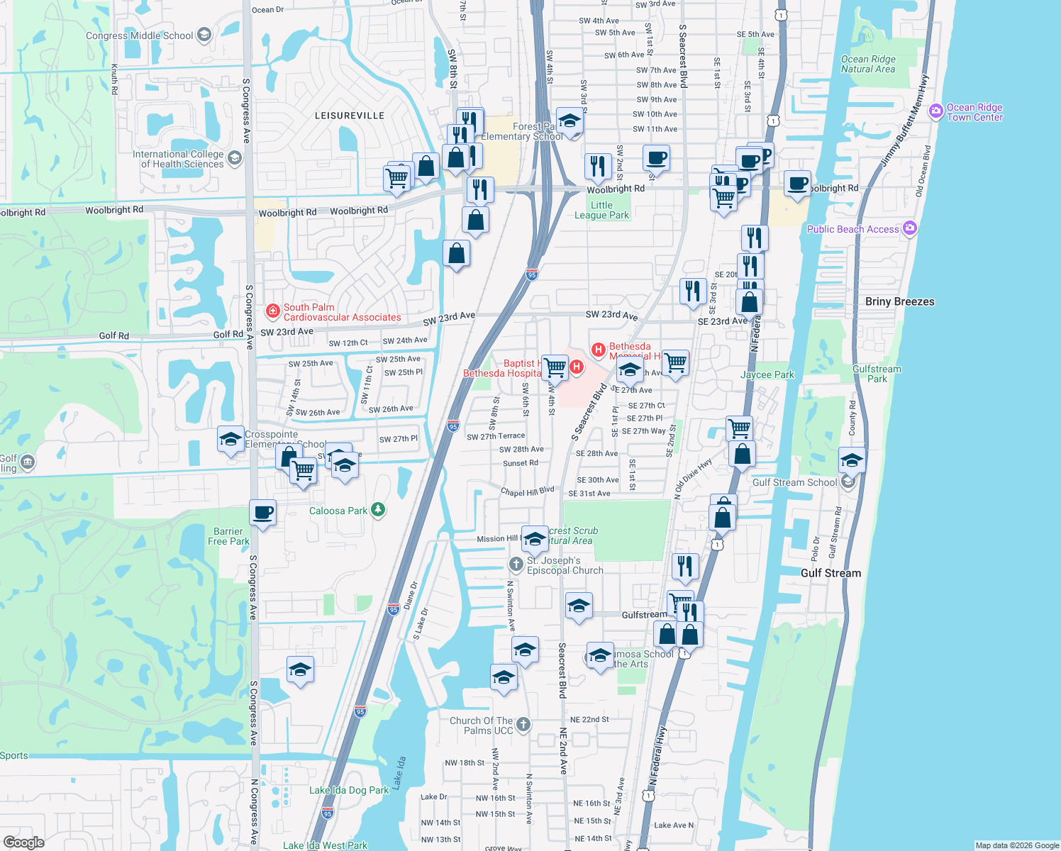 map of restaurants, bars, coffee shops, grocery stores, and more near 2830 Southwest 6th Street in Boynton Beach