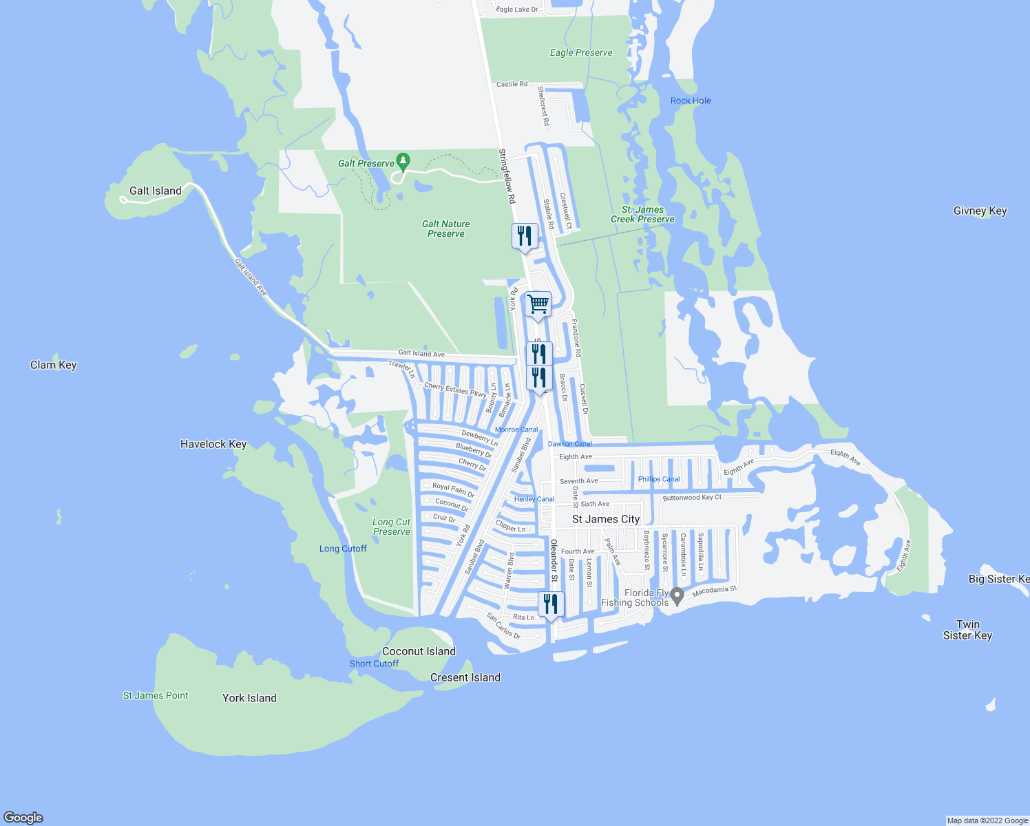 map of restaurants, bars, coffee shops, grocery stores, and more near 2980 Binnacle Ln in St. James City