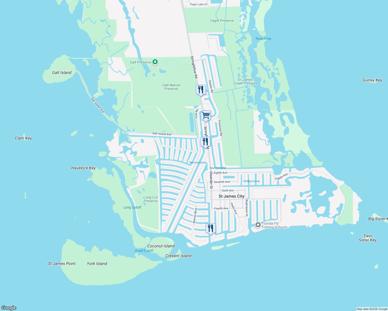 map of restaurants, bars, coffee shops, grocery stores, and more near 2980 Binnacle Ln in St James City